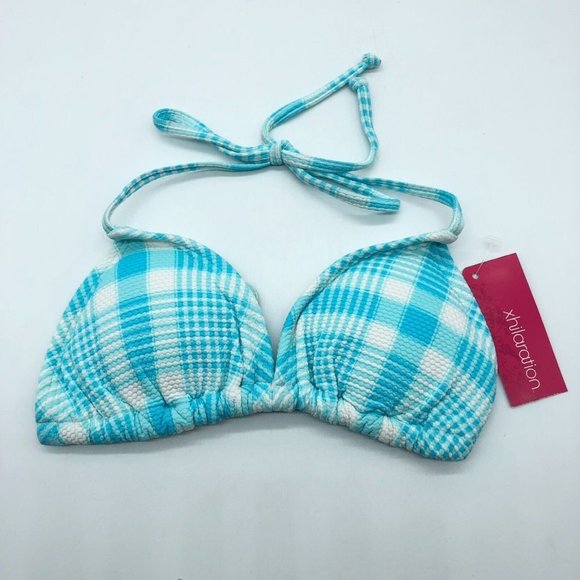 Xhilaration Triangle Bikini Top Halter Textured Halter Blue White Plaid XS - Picture 1 of 4